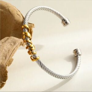 Two-Tone Twisted Cable Cuff Bracelet - Gold Accents